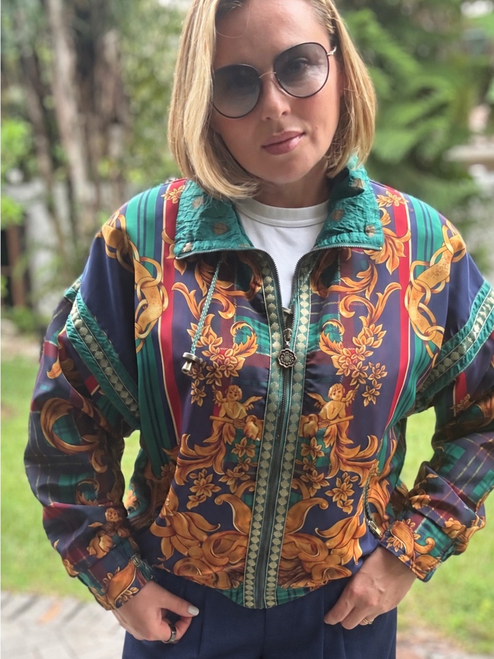 Vintage 90s Epogee Baroque Print Windbreaker Jacket Women M Made in Korea Zip